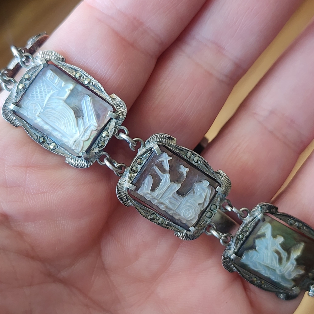 Antique Art Deco Mother Of Pearl Cameo Sterling Silver Bracelet Marcasite - Picture 5 of 10